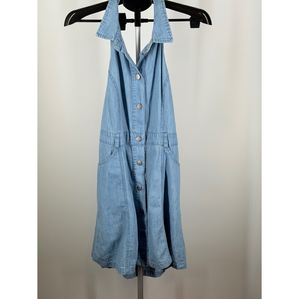 Free People Womens‎ Light Wash Denim Halter Mini Dress Button Front Blue Large